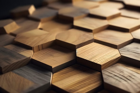 closeup full-frame background of tiled hexagonal wooden dowel ends, neural network generated artの素材
