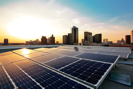 solar panels on city rooftop with downtown and blue sky in the background, neural network generated artの素材
