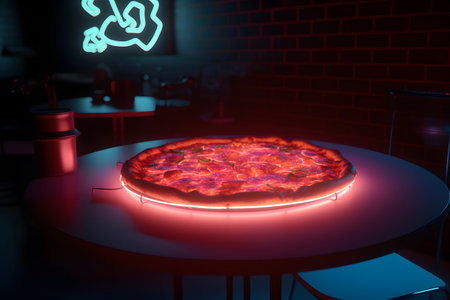 glowing neon pizza on table, neural network generated artの素材