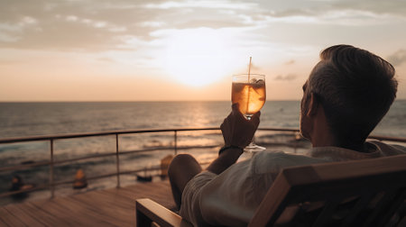 successful rich and beautiful caucasian man relaxing at summer beach resort with cocktail, neural network generated artの素材