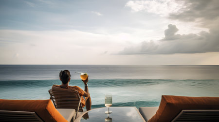 successful rich and beautiful caucasian man relaxing at summer beach resort with cocktail, neural network generated artの素材