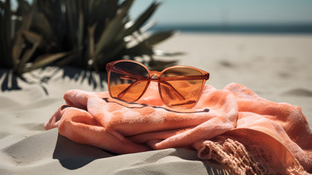 summer vacation scene on sunny sand beach with towel and sunglasses, neural network generated artの素材