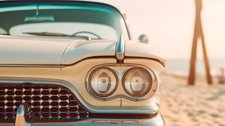 Vintage car parked on beach at sunny day, neural network generated artの素材