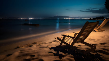 Two empty wooden beach chairs on sand beach at night - summer vacation theme, neural network generated artの素材