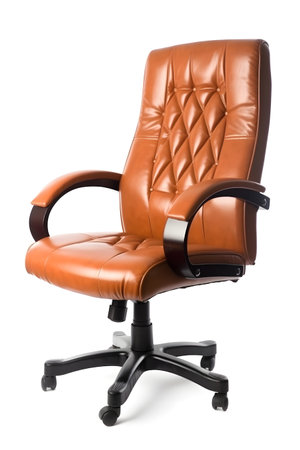 Brown leather office chair isolated on white background, three quarters view, neural network generated imageの素材