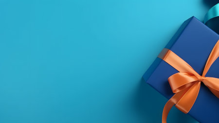 One gift box in craft wrapping paper and yellow satin ribbon with bow on light blue clean flat surface background, neural network generated imageの素材