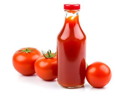 Glass bottle of tomato ketchup and some tomatoes isolated on white background, neural network generated imageの素材