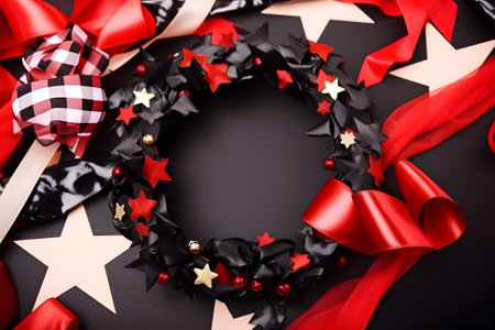 white, black, red stars and ribbons on black background - celebration background, neural network generated imageの素材