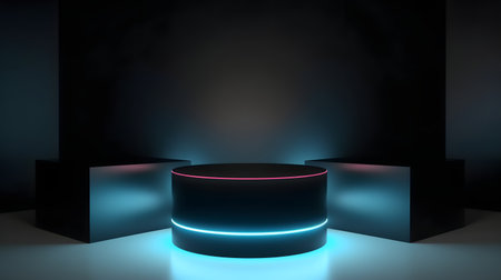 Empty space podium for product placement in dark neon style, neural network generated imageの素材