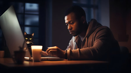 african american guy using laptop at working table with his cat at night at home office, neural network generated imageの素材