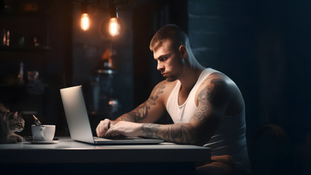 buff tattooed caucasian man in white singlet using laptop pc at late evening in home office with his cat, neural network generated imageの素材