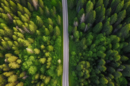 Drone shot above beautiful pine forest road at summer day, neural network generated imageの素材