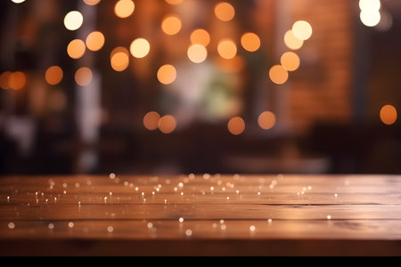Empty wooden table top with lights bokeh on blury background, neural network generated imageの素材