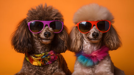 two poodles with funky sunglasses on orange background, neural network generated imageの素材