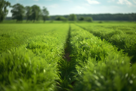 Rows of green crops with selective focus at summer day light, neural network generated imageの素材