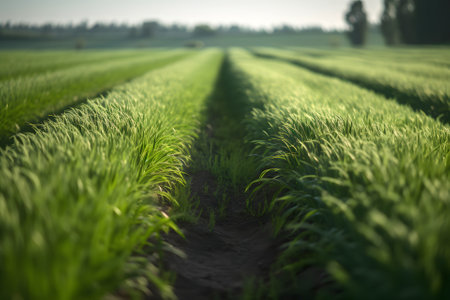 Rows of green crops with selective focus at summer day light, neural network generated imageの素材