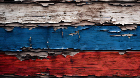 Russian flag colored barn wall, decayed old flaking paint on rotten wood surface, neural network generated imageの素材