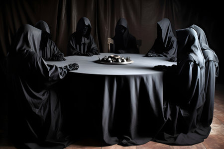 Secret society at a round table sitting in long black robes with hoods and masks, neural network generated imageの素材