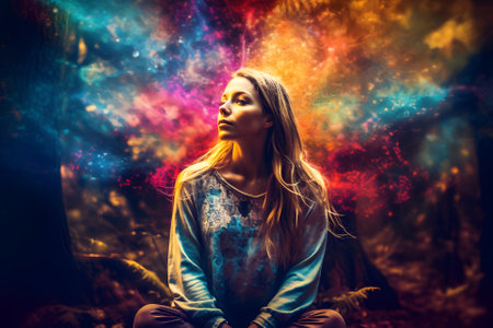 Blonde caucasian woman meditating with colourful nature energy appearing around, neural network generated imageの素材