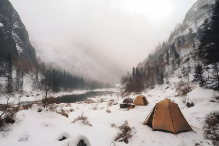 tourist tent camp at snow covered foggy highlands, neural network generated pictureの素材