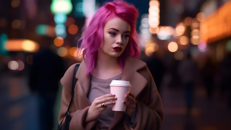 young beautiful pink-haired femine woman at night city street holding cardboard cup of coffee, neural network generated pictureの素材