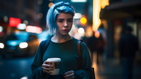 young beautiful blue-haired femine woman at night city street holding cardboard cup of coffee, neural network generated pictureの素材