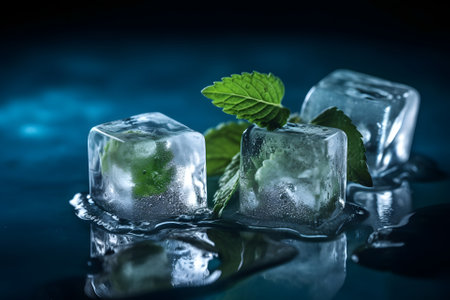 Ice cubes with fresh green mint leaves closeup on dark backgound, neural network generated imageの素材
