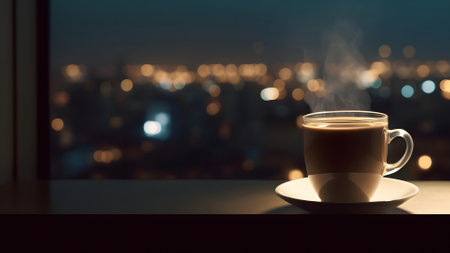 hot coffee cup on windowsill with blurry night city in the background, neural network generated imageの素材