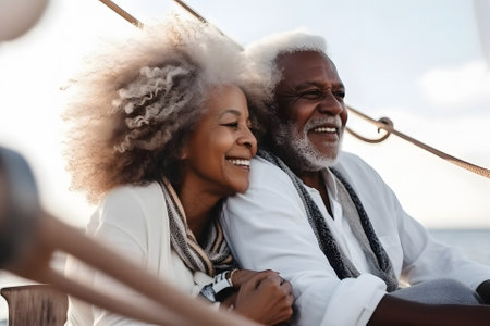 Beautiful and happy senior african american couple on a sailboat at day. Neural network generated in May 2023. Not based on any actual person, scene or pattern.の素材