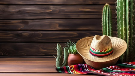 Cinco de Mayo holiday background with Mexican cactus, sombrero hat on wooden surface. Neural network generated in May 2023. Not based on any actual person, scene or pattern.の素材