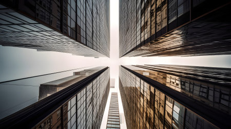 A low-angle view of a citys skyscrapers from the ground level in upward direction at daytime. Neural network generated in May 2023. Not based on any actual person, scene or pattern.の素材
