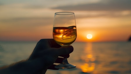 caucasian hand holding glass of cocktail on blurry sea horizon background at sunset. Neural network generated in May 2023. Not based on any actual person, scene or pattern.の素材