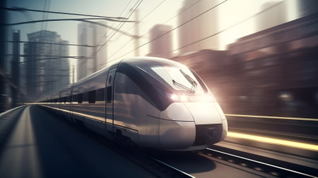 generic modern high-speed train moving fast through the city environment. Neural network generated in May 2023. Not based on any actual person, scene or pattern.の素材