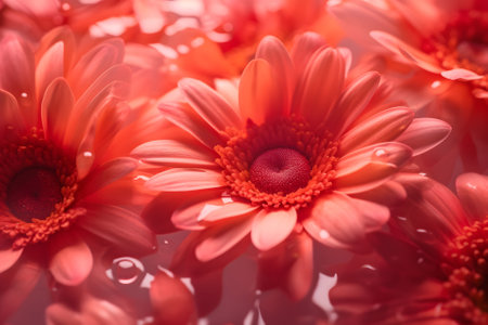 Flora branding and love concept - Coral daisy flowers pastel closeup background. Neural network generated in May 2023. Not based on any actual scene or pattern.の素材