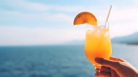 caucasian woman hand holding glass of red fruit cocktail on blurry sea horizon background at sunny day. Neural network generated in May 2023. Not based on any actual person, scene or pattern.の素材