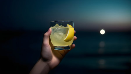 human hand holding glass of cocktail on blurry sea horizon background at full moon night. Neural network generated in May 2023. Not based on any actual person, scene or pattern.の素材