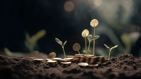 plant and money growing up on stacks of coins. Neural network generated in May 2023. Not based on any actual person, scene or pattern.の素材