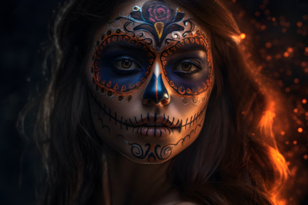 cinematic photorealistic portrait of gorgeous woman sugar skull at day of the dead. Neural network generated in May 2023. Not based on any actual person, scene or pattern.の素材