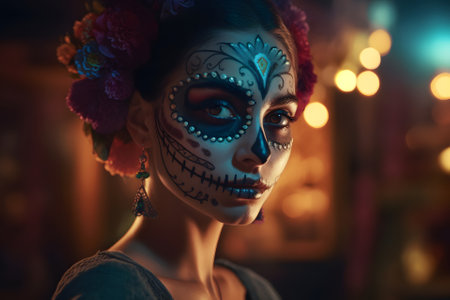 cinematic photorealistic portrait of gorgeous woman sugar skull at day of the dead. Neural network generated in May 2023. Not based on any actual person, scene or pattern.の素材