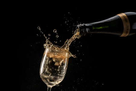 celebration theme with splashing champagne in filling wineglass with bottle on black background. Neural network generated in May 2023. Not based on any actual person, scene or pattern.の素材