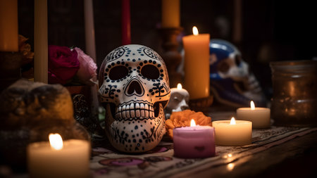 ornate white sculls with candles and flowers for Dia de los muertos or day of the dead celebration. Not based on any actual person, scene or pattern.の素材