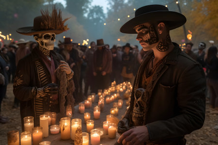Two costumed cowboys with skull make-up in front of a table with candles at the event for dia de los muertos at night. Not based on any actual person or scene.の素材