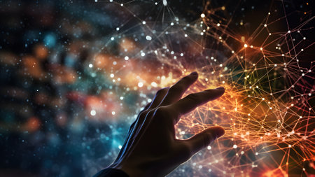 human hand touching holorgraphic network of glowing nodes, human and AI interaction conecpt. Neural network generated in May 2023. Not based on any actual person, scene or pattern.の素材