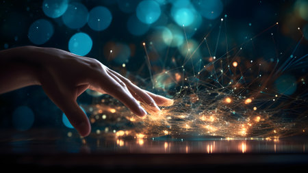 human hand touching holorgraphic network of glowing nodes, human and AI interaction conecpt. Neural network generated in May 2023. Not based on any actual person, scene or pattern.の素材