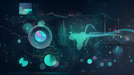 data science-inspired wallpaper depicting the visual and modern process of data collection, cleaning, analysis, and visualization. Neural network generated in May 2023. Not based on any actual person, scene or pattern.の素材