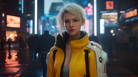 Pretty young adult caucasian woman with white hair wearing cybernetic jacket in cyberpunk setting. Neural network generated in May 2023. Not based on any actual person, scene or pattern.の素材