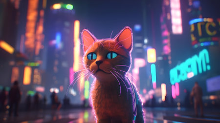 cartoonish cat sitting on street of illuminated night city. Neural network generated in May 2023. Not based on any actual person, scene or pattern.の素材