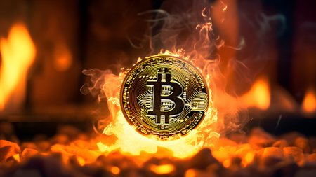 bitcoin on fire. Neural network generated in May 2023. Not based on any actual scene or pattern.の素材