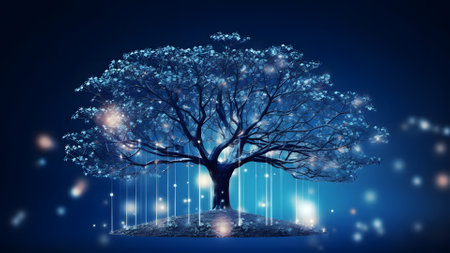 concept of network connection technology or big data as blue cyber tree. Neural network generated in May 2023. Not based on any actual person, scene or pattern.の素材