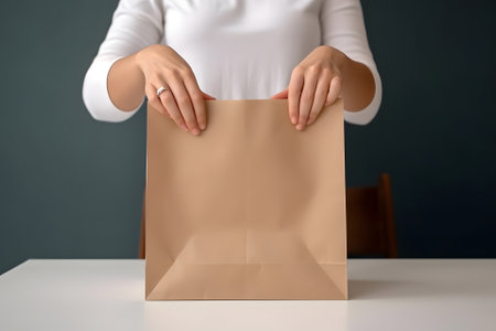 woman holding paper bag without handles on a table. Neural network generated in May 2023. Not based on any actual person, scene or pattern.の素材